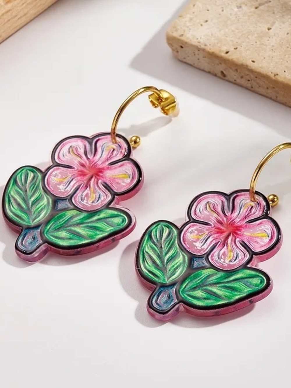 Women's Pink Floral Drop Earrings with Green Leaves